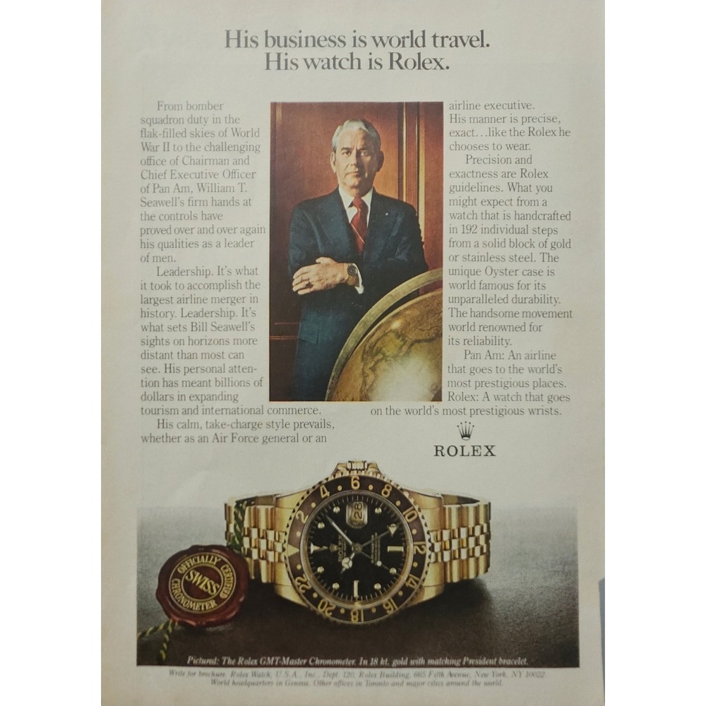 Vintage ROLEX GMT-Master CHRONOMETER Watch Print Ad PRESIDENT BRACELET 1980s